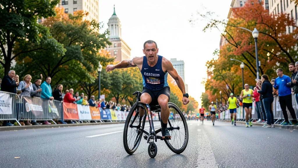 Imagem gerada por IA: Atleta em cadeira de rodas disputa uma maratona em uma avenida de Chicago, diante do público.