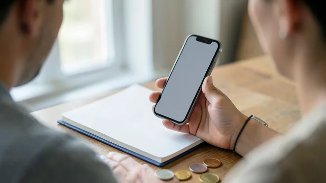 Imagem gerada por IA: Pessoa faz uma contribuição pelo celular, com moedas e caderno sobre a mesa.