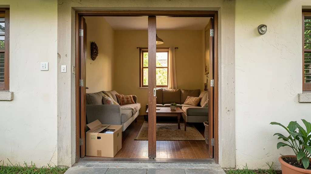 Imagem gerada por IA: Entrada de uma casa simples e mobiliada, representando a busca por moradia estável para a família.