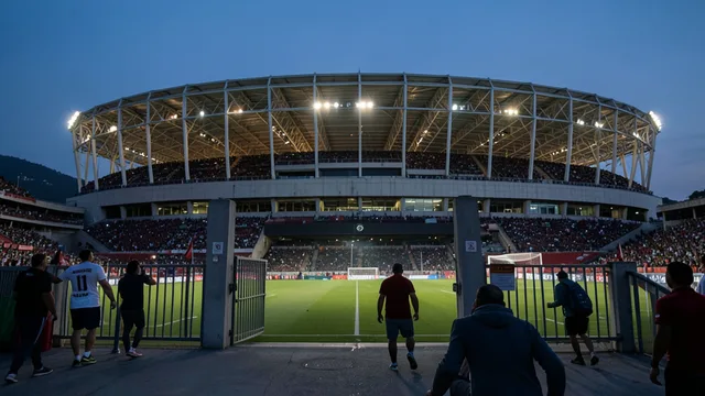 Vista externa do Maracanã ao anoitecer, com torcedores genéricos se aproximando das entradas.