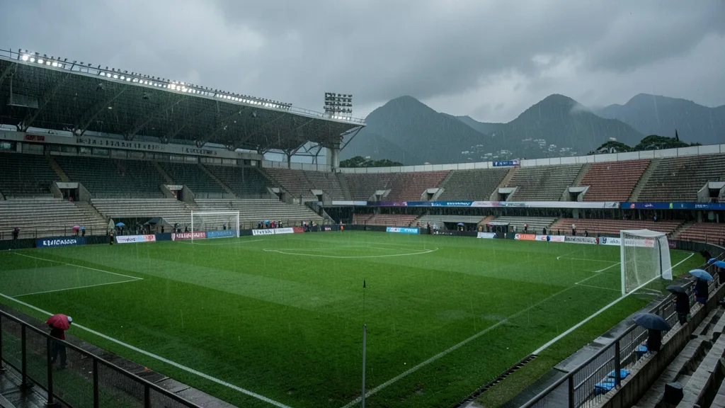 Imagem gerada por IA: Estádio de futebol no Rio de Janeiro em um dia chuvoso, com arquibancadas ao fundo.