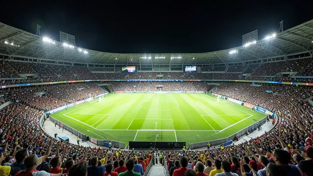Imagem gerada por IA: Maracanã iluminado à noite antes de uma partida de futebol.