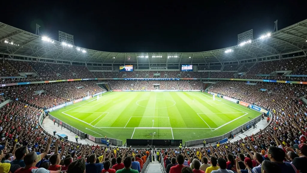 Imagem gerada por IA: Maracanã iluminado à noite antes de uma partida de futebol.