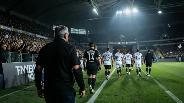 Imagem gerada por IA: Técnico e jogadores deixam o campo após uma partida de futebol.