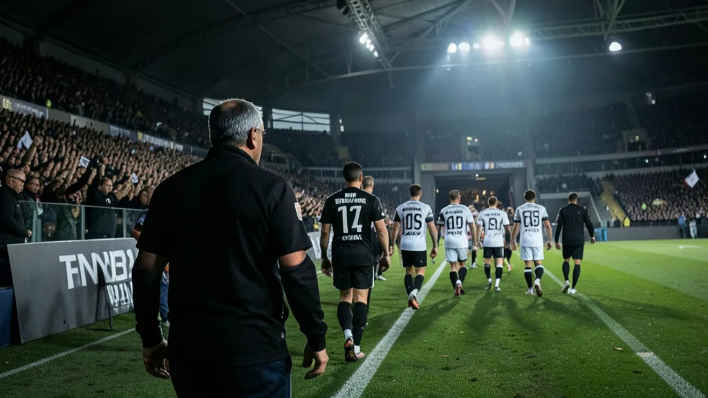 Imagem gerada por IA: Técnico e jogadores deixam o campo após uma partida de futebol.