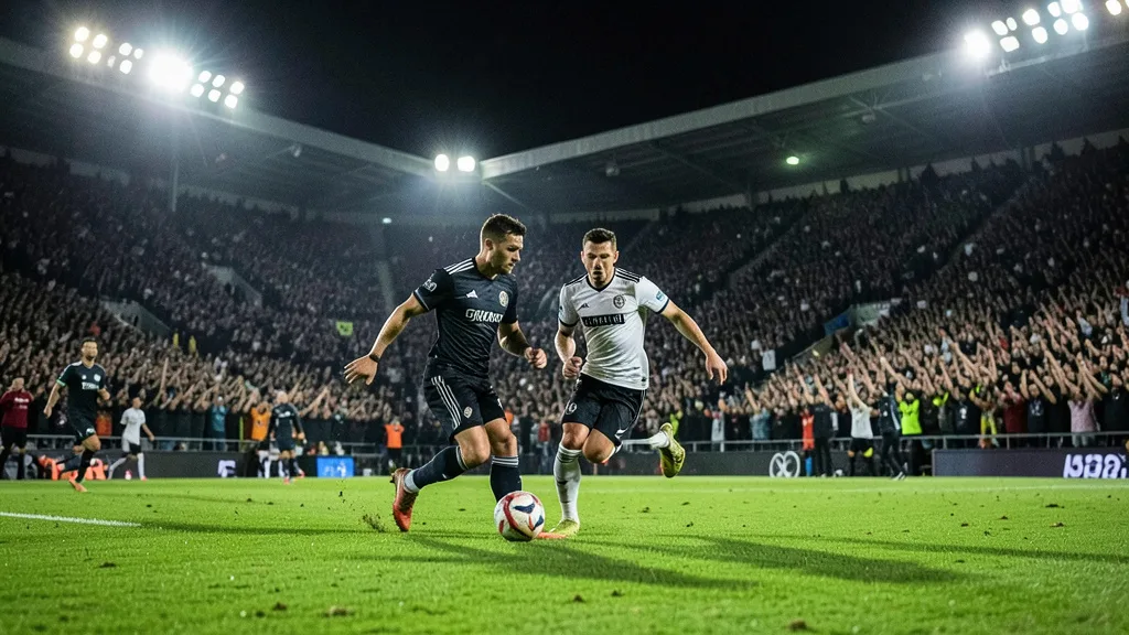 Imagem gerada por IA: Jogadores disputam a bola em campo durante uma partida noturna, com arquibancadas cheias ao fundo.