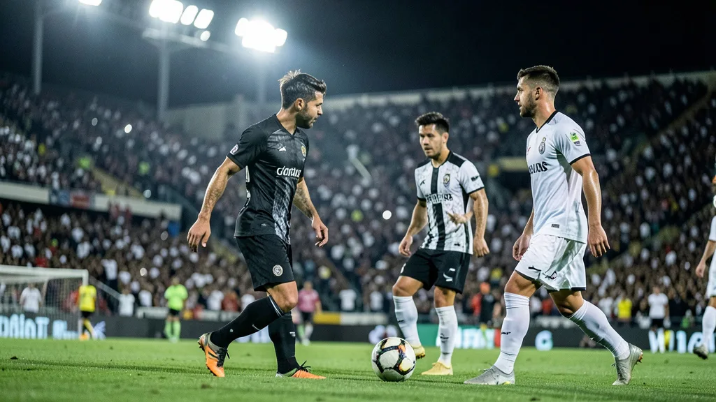 Imagem gerada por IA: Jogadores de duas equipes disputam uma partida de futebol em um estádio lotado.