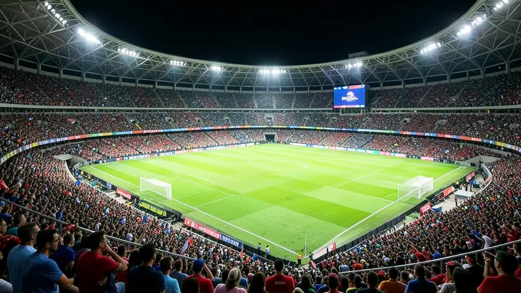 Imagem gerada por IA: Torcida lota o Maracanã iluminado antes de uma partida de futebol.