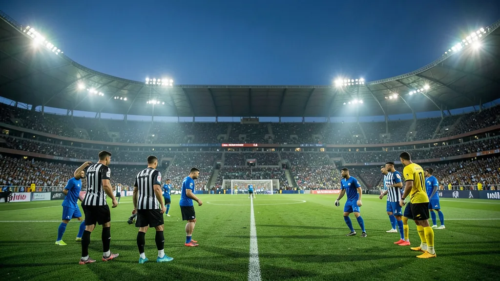 Imagem gerada por IA: Jogadores de uniforme preto e branco e azul e amarelo aquecem em um estádio iluminado.