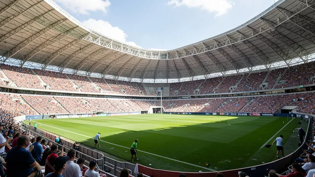 Imagem gerada por IA: Vista do gramado e das arquibancadas do Maracanã, com funcionários preparando o campo.