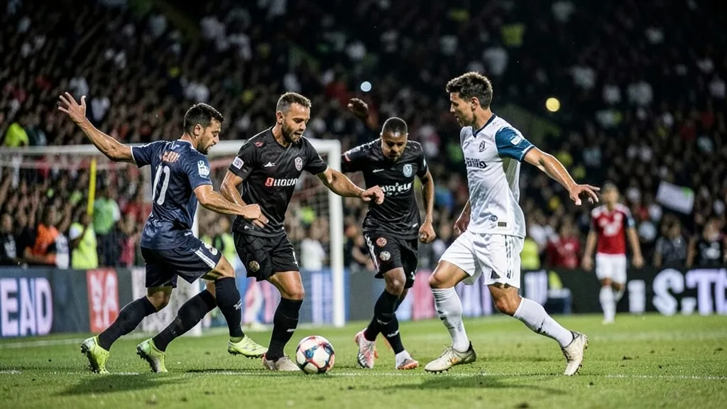 Imagem gerada por IA: Jogadores disputam a bola perto da área em um estádio lotado durante uma partida noturna.