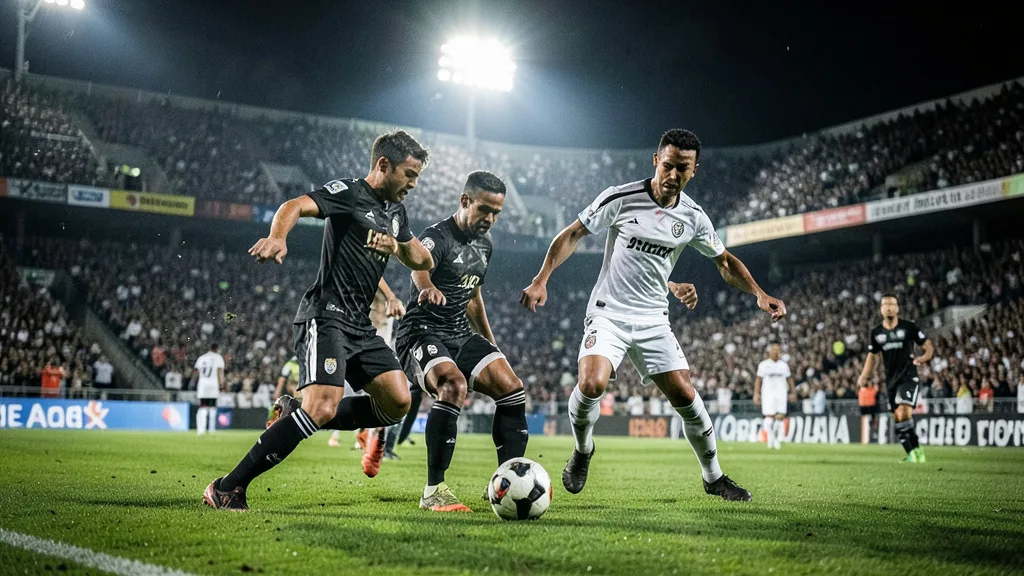 Imagem gerada por IA: Jogadores disputam a bola em uma partida de futebol sob as luzes do estádio.