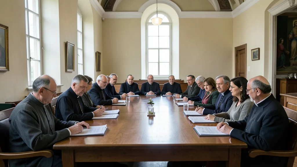Leigos e integrantes do clero participam de uma reunião em uma sala da Igreja Católica.