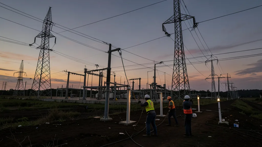 Imagem gerada por IA: Linhas de transmissão e trabalhadores em uma instalação elétrica na Venezuela.