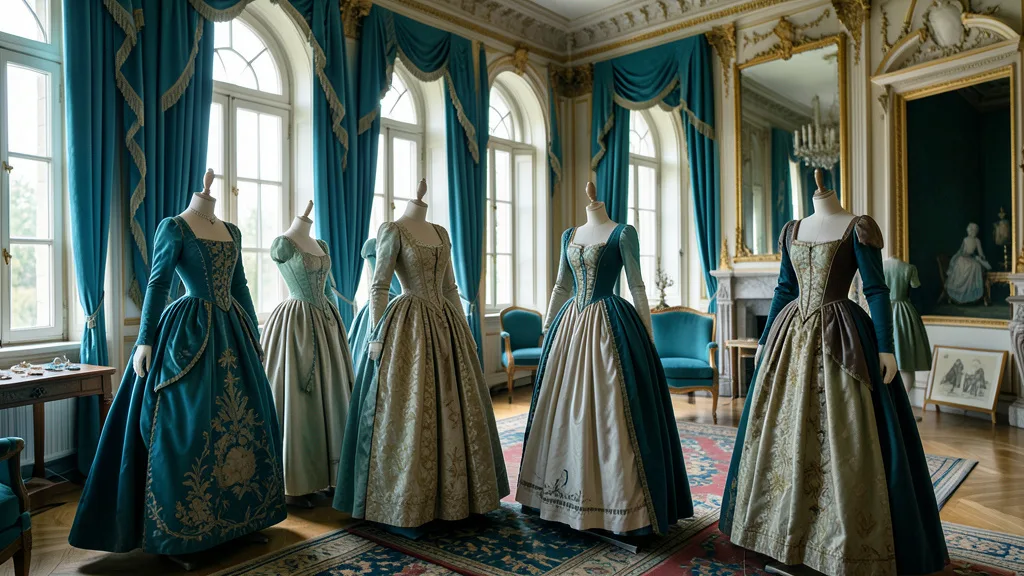 Figurinos de época expostos em uma sala histórica do Petit Trianon, em Versalhes.