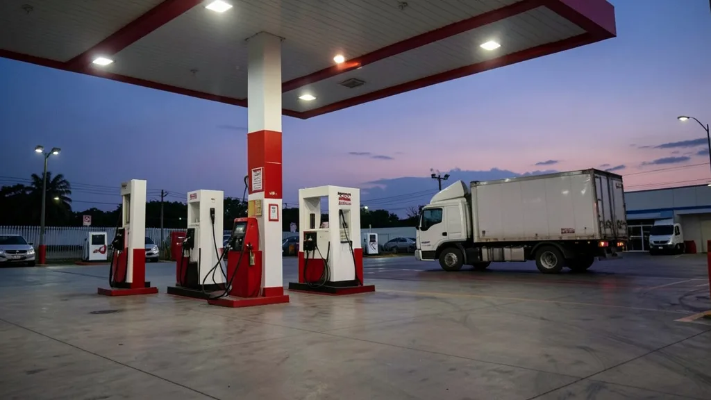 Imagem gerada por IA: Bombas de combustível em um posto, com um caminhão ao fundo.