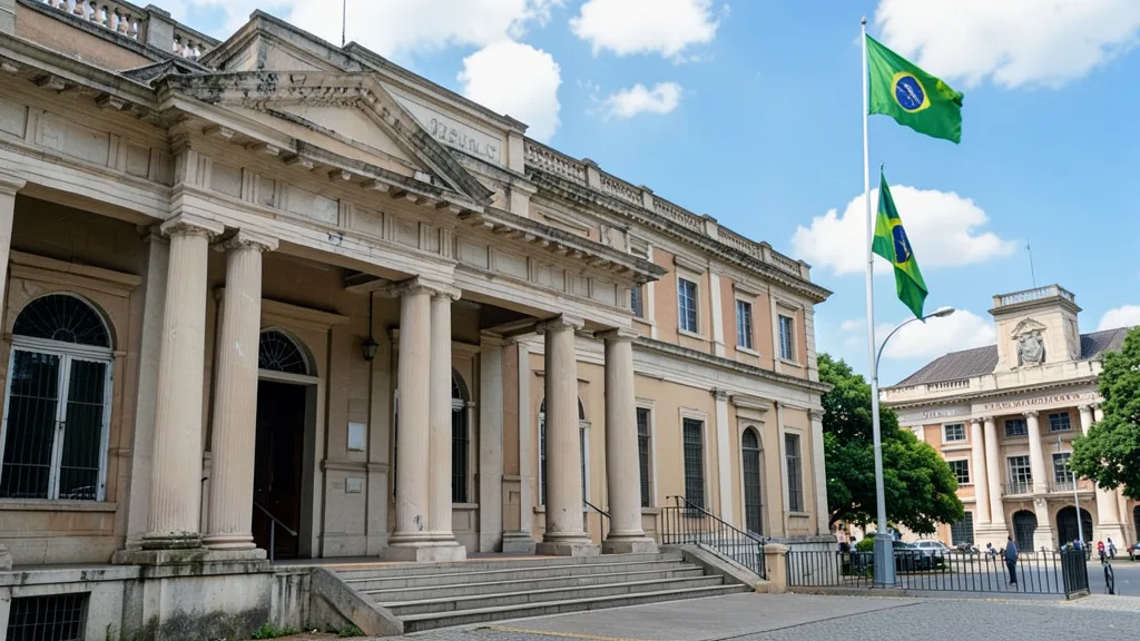 Imagem gerada por IA: Fachada de um tribunal em Minas Gerais com bandeira brasileira.