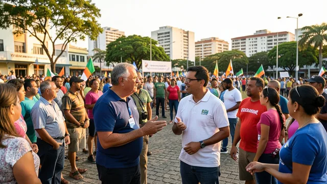 Imagem gerada por IA: Apoiadores conversam com eleitores em uma praça durante a campanha eleitoral no Tocantins.