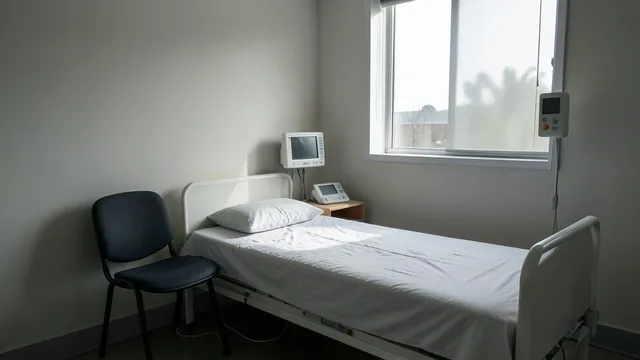 Quarto de cuidados paliativos vazio, com cama hospitalar e luz natural entrando pela janela.