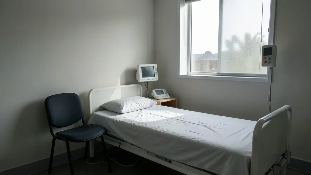 Quarto de cuidados paliativos vazio, com cama hospitalar e luz natural entrando pela janela.
