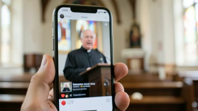 Celular com vídeo desfocado diante do interior de uma igreja católica.