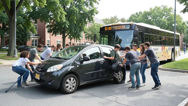 Imagem gerada por IA: Jovens erguem um carro para liberar a passagem de um ônibus em uma via de campus.