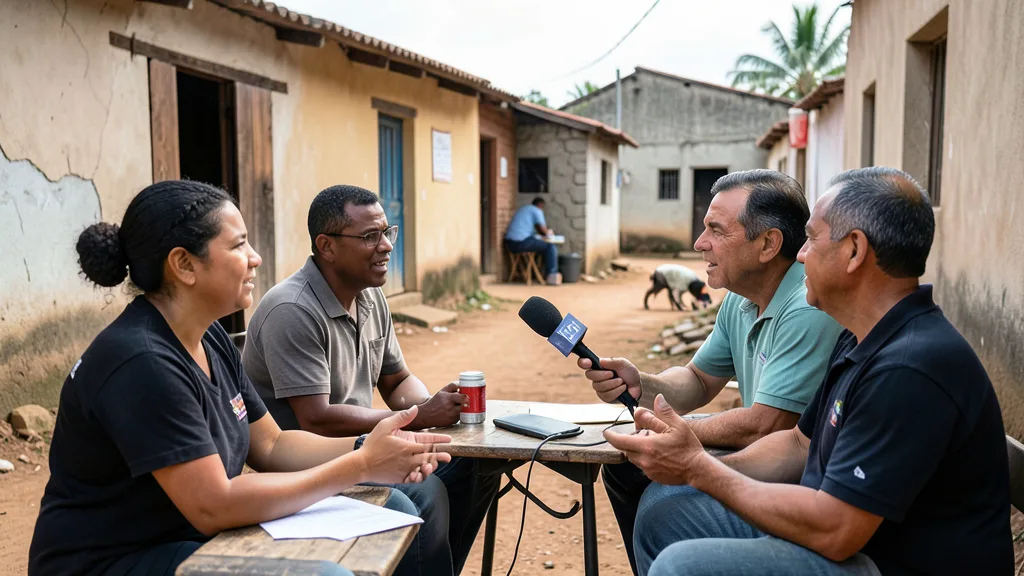 Imagem gerada por IA: Moradores conversam em uma rua de bairro no Nordeste brasileiro.