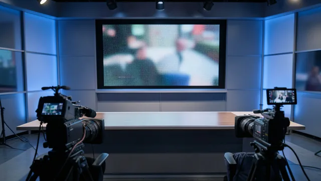 Imagem gerada por IA: Estúdio de televisão vazio com uma imagem desfocada e distorcida em um monitor.