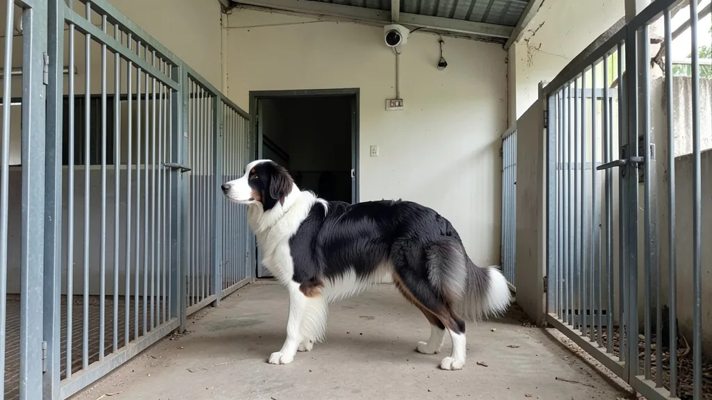 Imagem gerada por IA: Pastor-australiano em uma área de hospedagem para animais, com câmera de segurança ao fundo.