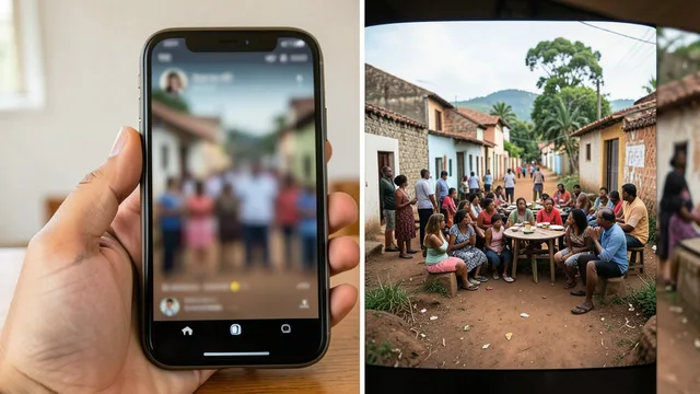 Imagem gerada por IA: Celular com vídeo desfocado ao lado de imagens de uma reunião comunitária em uma cidade brasileira.