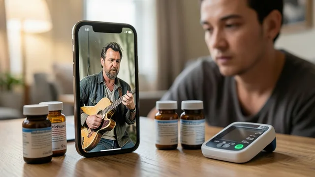 Imagem gerada por IA: Celular com vídeo de um cantor genérico ao lado de frascos sem rótulo e de um medidor de glicose.