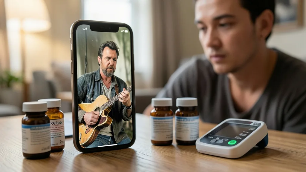 Imagem gerada por IA: Celular com vídeo de um cantor genérico ao lado de frascos sem rótulo e de um medidor de glicose.