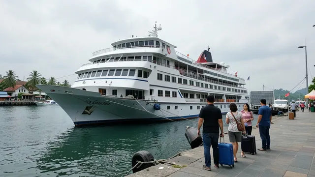 Imagem gerada por IA: Navio de cruzeiro residencial atracado no porto de Sihanoukville, com passageiros levando malas.