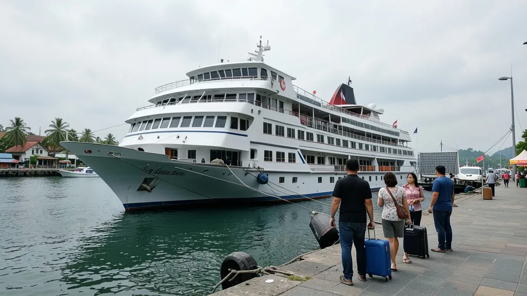 Imagem gerada por IA: Navio de cruzeiro residencial atracado no porto de Sihanoukville, com passageiros levando malas.