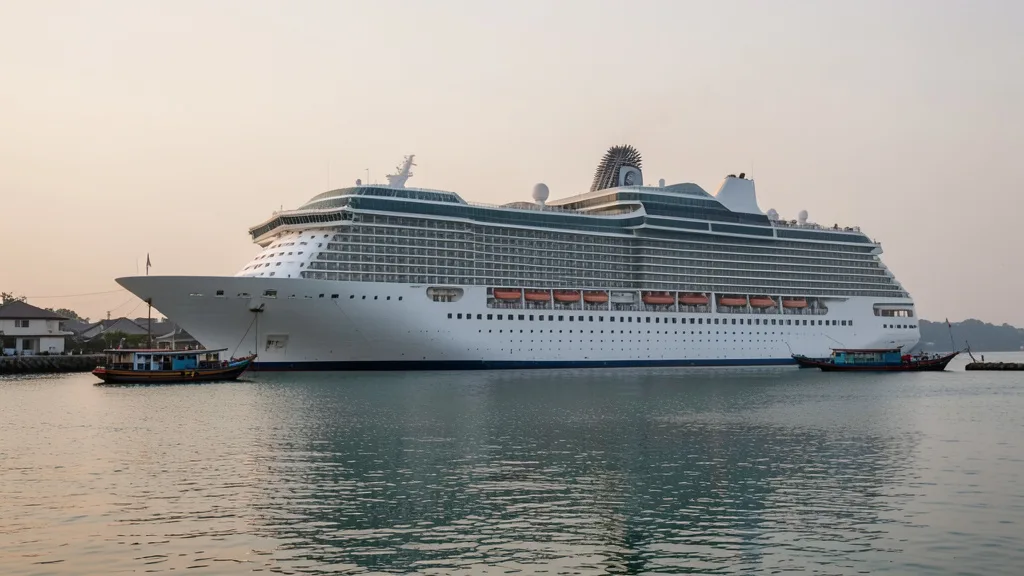 Imagem gerada por IA: Navio de cruzeiro atracado no porto de Sihanoukville, no Camboja.