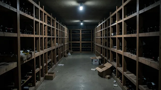 Adega com espaços vazios nas prateleiras após o roubo de garrafas de vinho.