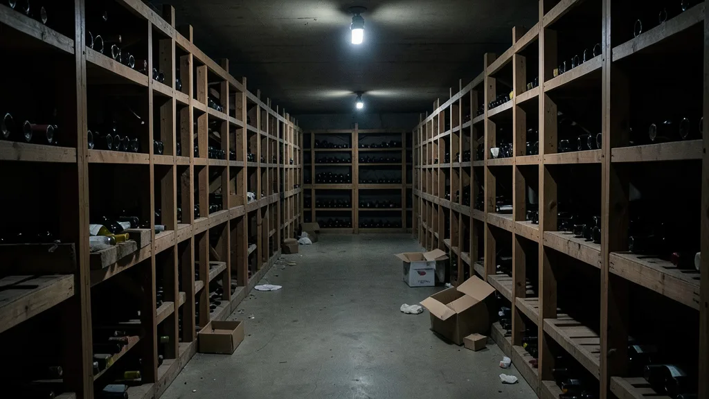 Adega com espaços vazios nas prateleiras após o roubo de garrafas de vinho.