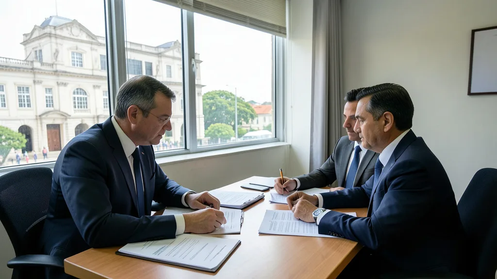 Imagem gerada por IA: Advogados analisam documentos em um escritório ligado ao setor público.