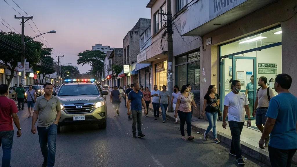 Imagem gerada por IA: Rua urbana com uma viatura policial ao fundo e a entrada de uma unidade de saúde.