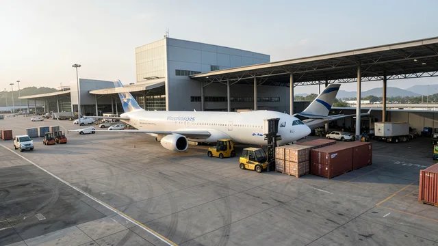 Imagem gerada por IA: Avião cargueiro e equipamentos de movimentação de carga em um terminal aeroportuário.