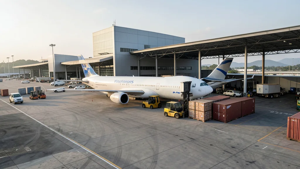 Imagem gerada por IA: Avião cargueiro e equipamentos de movimentação de carga em um terminal aeroportuário.