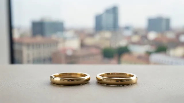 Imagem gerada por IA: Duas alianças douradas separadas sobre uma superfície neutra.