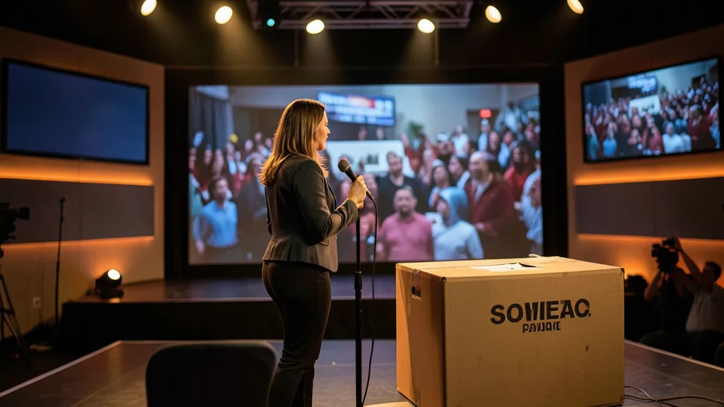Imagem gerada por IA: Palco de campanha beneficente com microfone e caixa de doações em estúdio de televisão.