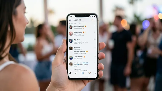 Imagem gerada por IA: Celular com uma rede social desfocada diante de um ambiente de festa.