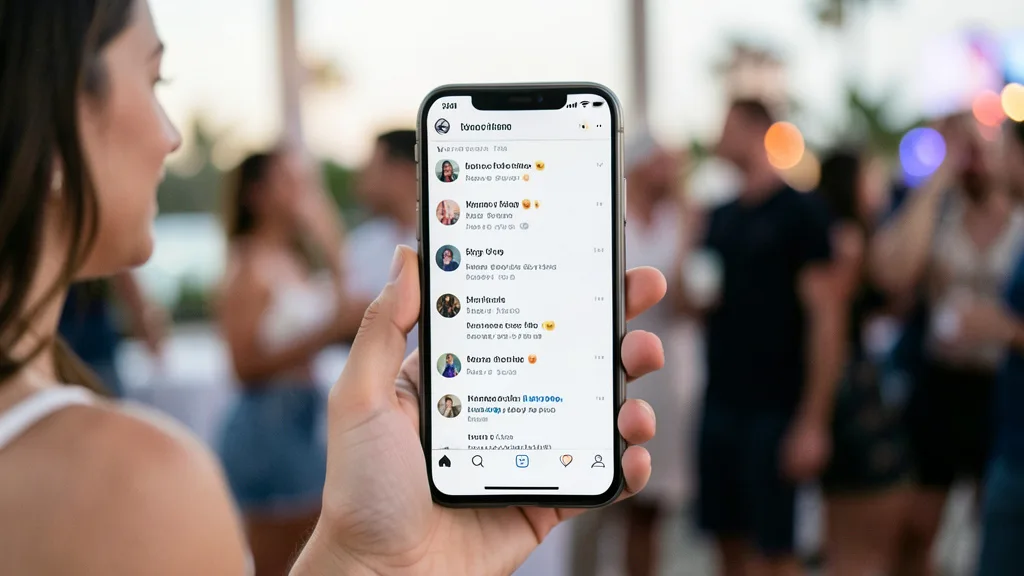 Imagem gerada por IA: Celular com uma rede social desfocada diante de um ambiente de festa.