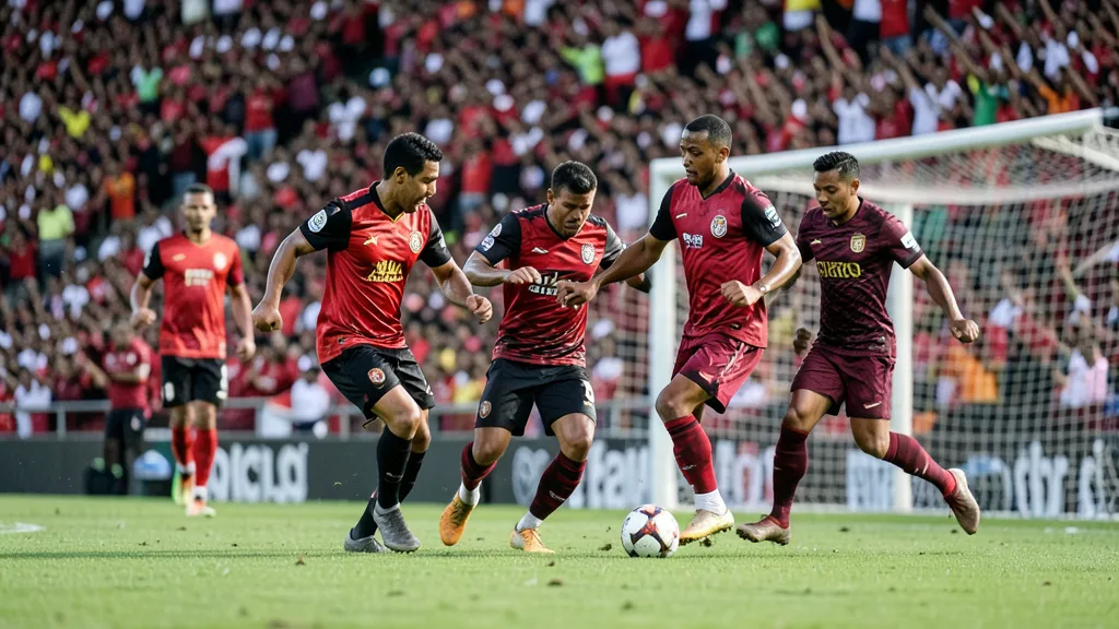 Imagem gerada por IA: Jogadores disputam a bola em campo durante uma partida de futebol em estádio lotado.