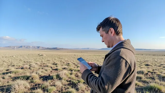 Imagem gerada por IA: Pessoa usa um celular em uma área remota com o céu aberto ao fundo.