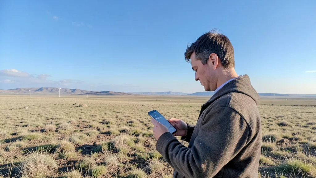 Imagem gerada por IA: Pessoa usa um celular em uma área remota com o céu aberto ao fundo.