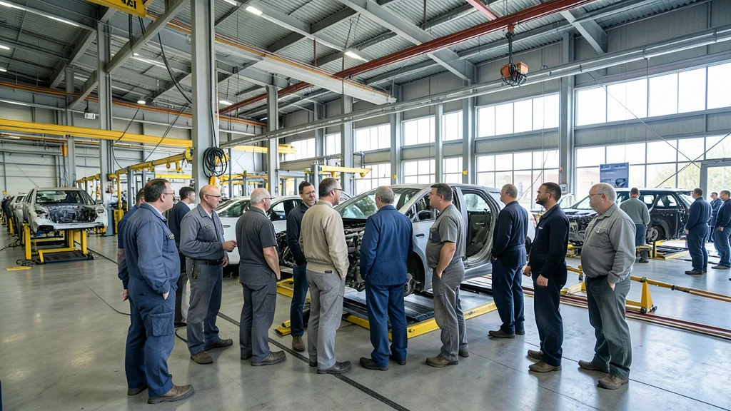Imagem gerada por IA: Trabalhadores em uma linha de montagem de automóveis dentro de uma fábrica.