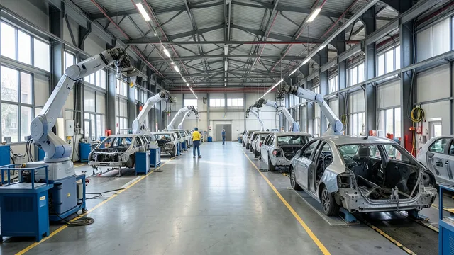 Imagem gerada por IA: Linha de montagem de veículos em uma fábrica automotiva.